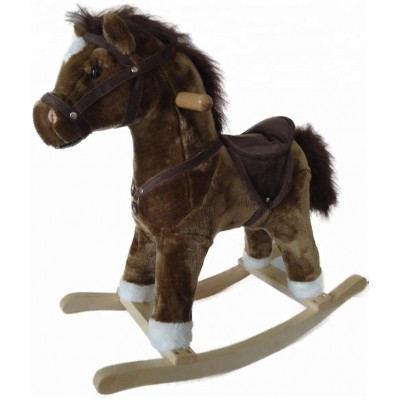 2018 dark brown little pony plush rocking horse, pony plush rocking toy with wooden base & wheels outdoor